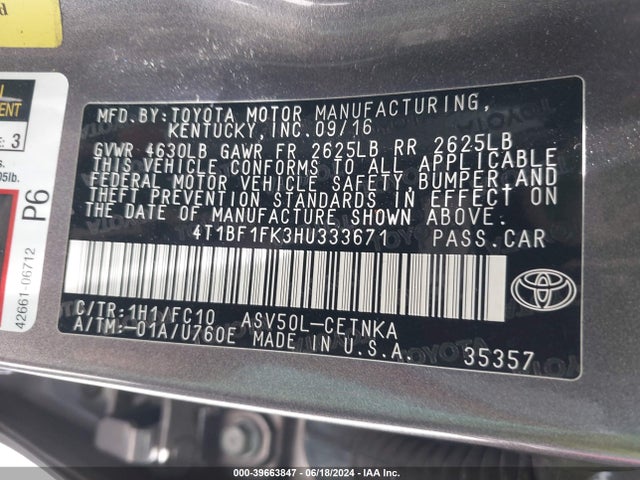 Toyota CAMRY LE 2017 4T1BF1FK3HU333671 Image 9