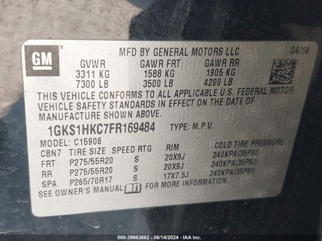 1GKS1HKC7FR169484 GMC Yukon Xl 1500 Slt