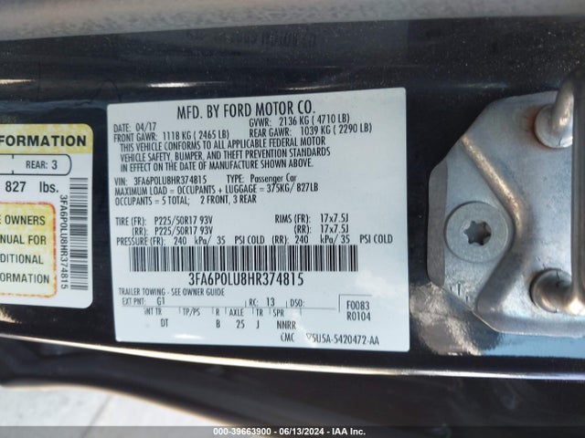Ford FUSION SE 2017 3FA6P0LU8HR374815 Image 22