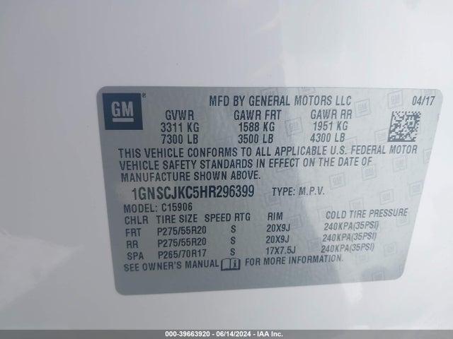 Chevrolet Suburban Premier 2017 1GNSCJKC5HR296399 Image 9