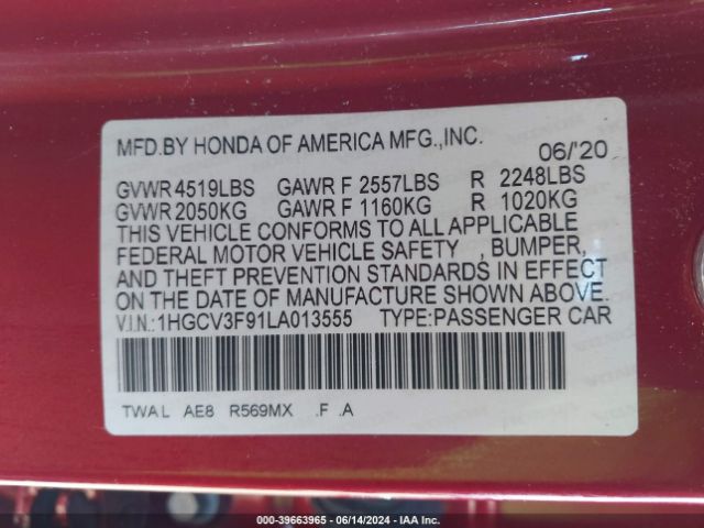 1HGCV3F91LA013555 Honda Accord Hybrid Touring