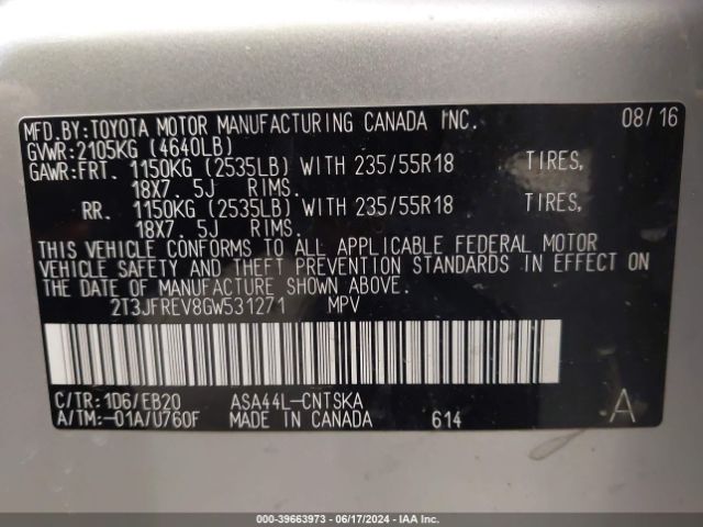 2T3JFREV8GW531271 Toyota RAV4 SE