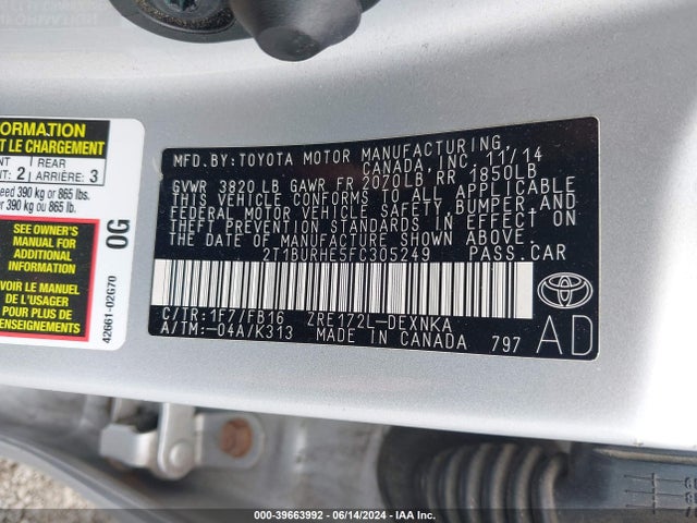 Toyota COROLLA LE 2015 2T1BURHE5FC305249 Image 9