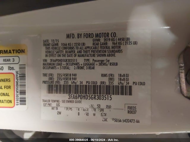 Ford FUSION SE 2016 3FA6P0HD5GR303515 Image 9
