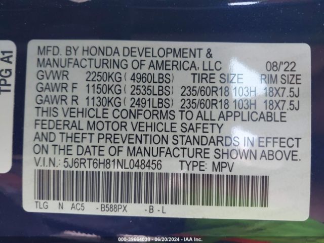 5J6RT6H81NL048456 Honda Cr-v Hybrid Ex-l