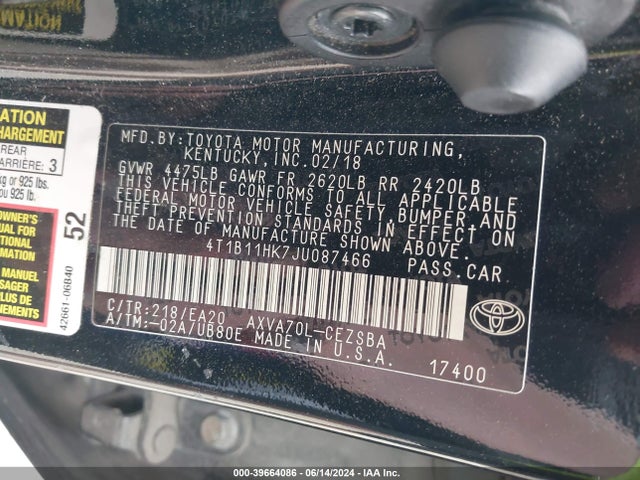 Toyota CAMRY SE 2018 4T1B11HK7JU087466 Image 9
