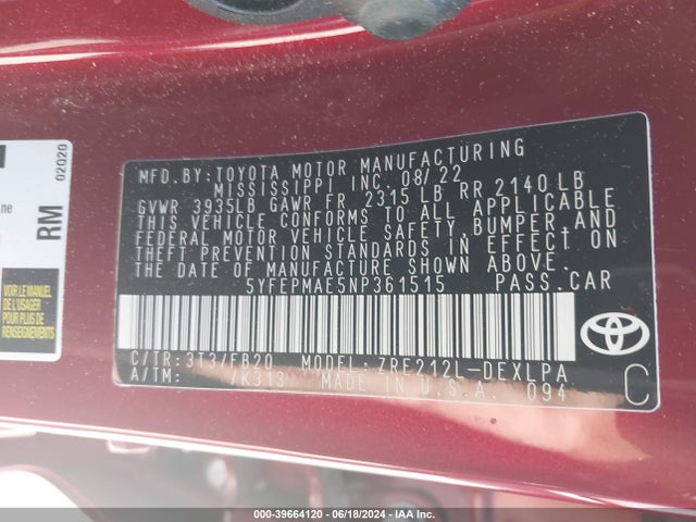 Toyota COROLLA LE 2022 5YFEPMAE5NP361515 Image 9