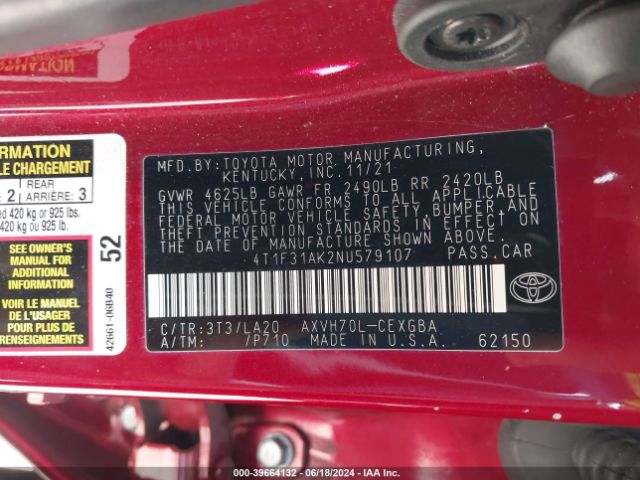 4T1F31AK2NU579107 Toyota Camry Xle Hybrid