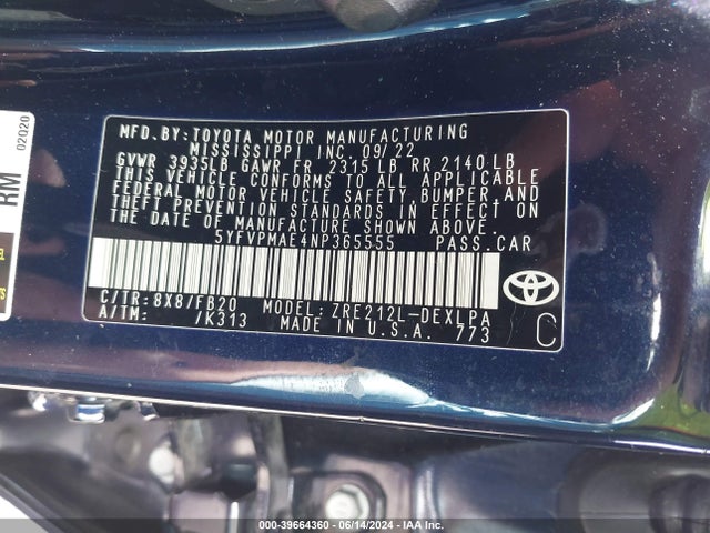 Toyota COROLLA LE 2022 5YFVPMAE4NP365555 Image 9
