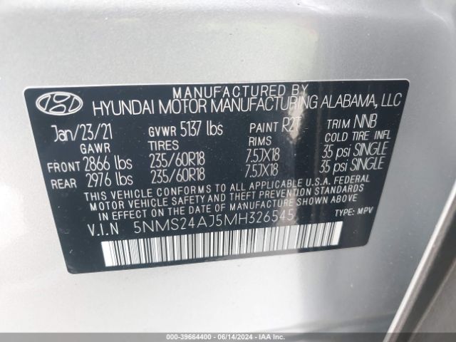 5NMS24AJ5MH326545 Hyundai Santa Fe Sel