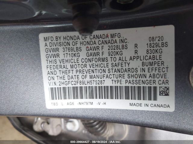 2HGFC2F89LH575287 Honda Civic Sport