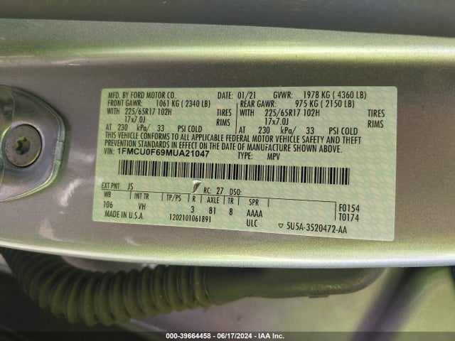 Ford ESCAPE S 2021 1FMCU0F69MUA21047 Image 9