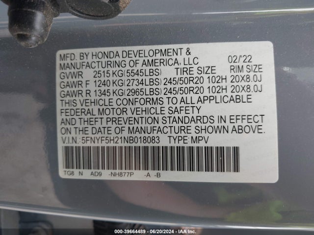Honda Pilot 2wd Special Edition 2022 5FNYF5H21NB018083 Image 9