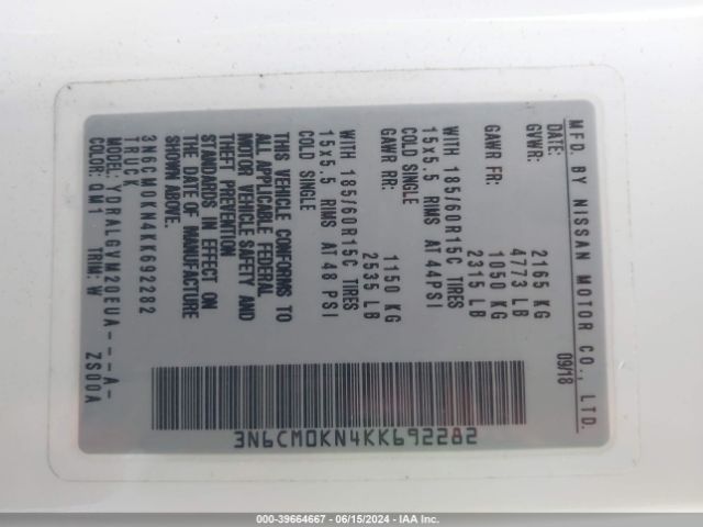 3N6CM0KN4KK692282 Nissan NV200 SV