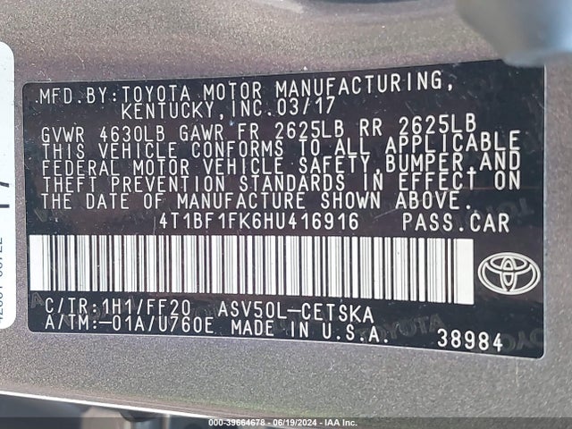 Toyota CAMRY SE 2017 4T1BF1FK6HU416916 Image 9