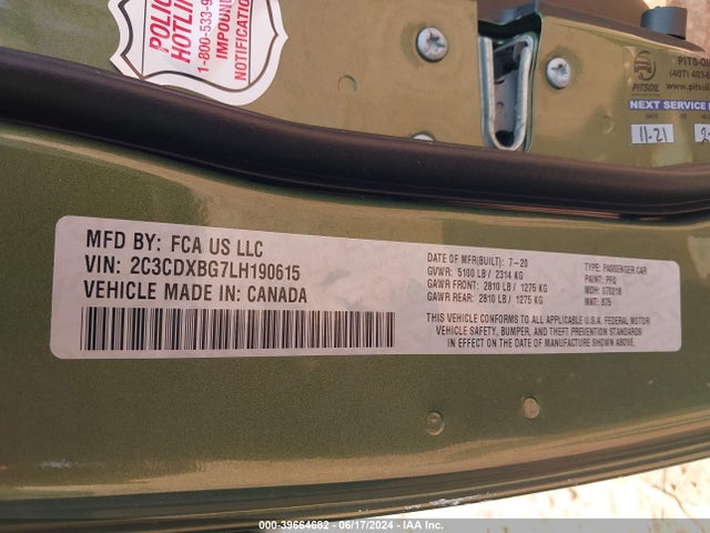 39664682 :رقم المزاد ، 2C3CDXBG7LH190615 vin ، 2020 Dodge Charger Sxt Rwd مزاد بيع