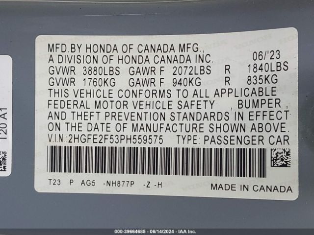 2HGFE2F53PH559575 Honda Civic Sport