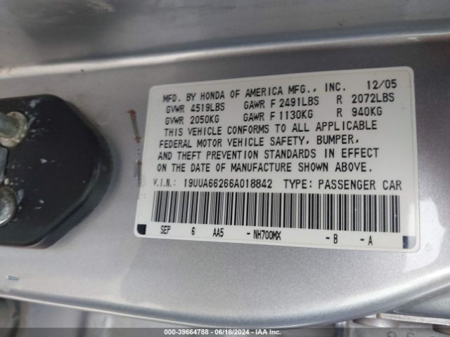 2006 ACURA TL 19UUA66266A018842 Photo 8