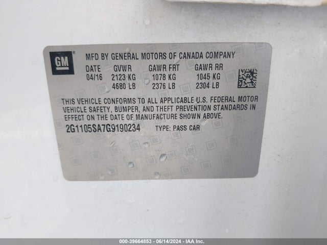 Chevrolet IMPALA 1LT 2016 2G1105SA7G9190234 Image 9