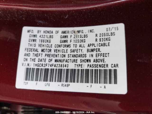 1HGCR2F74FA238540 Honda ACCORD EX