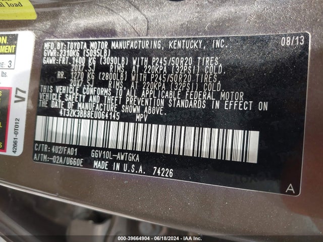 Toyota Venza Le V6 2014 4T3ZK3BB8EU064145 Image 9