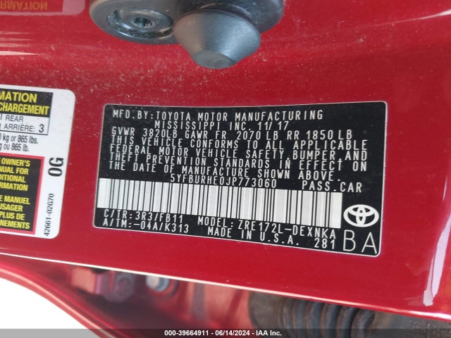 Toyota COROLLA LE 2018 5YFBURHE0JP773060 Image 9