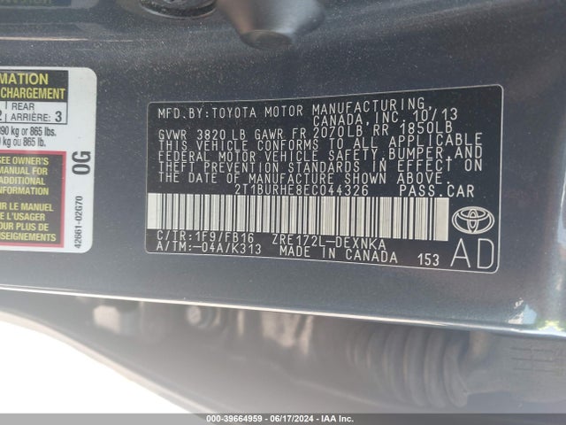Toyota Corolla Le Plus 2014 2T1BURHE8EC044326 Image 9