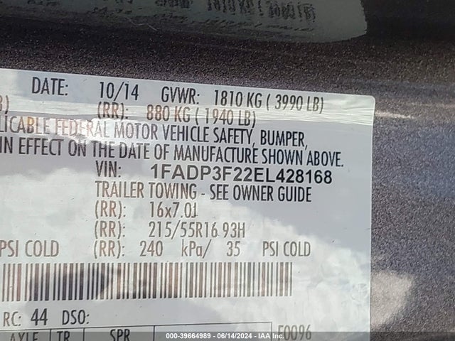Ford FOCUS SE 2014 1FADP3F22EL428168 Image 9