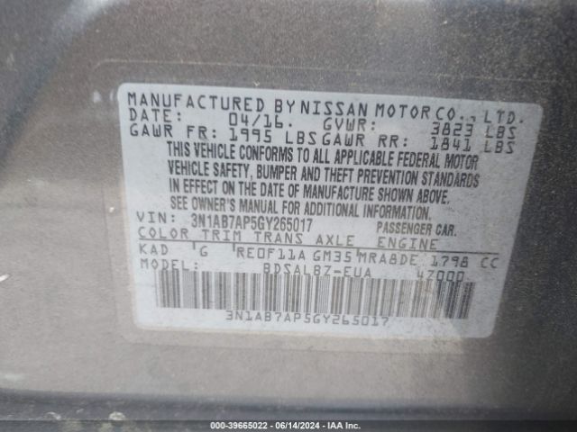 3N1AB7AP5GY265017 Nissan Sentra Fe+ S/s/sl/sr/sv