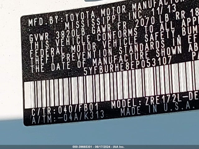Toyota COROLLA LE 2014 5YFBURHE8EP053107 Image 9