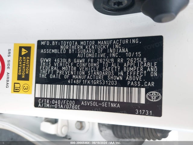 Toyota CAMRY LE 2016 4T4BF1FK1GR531203 Image 9