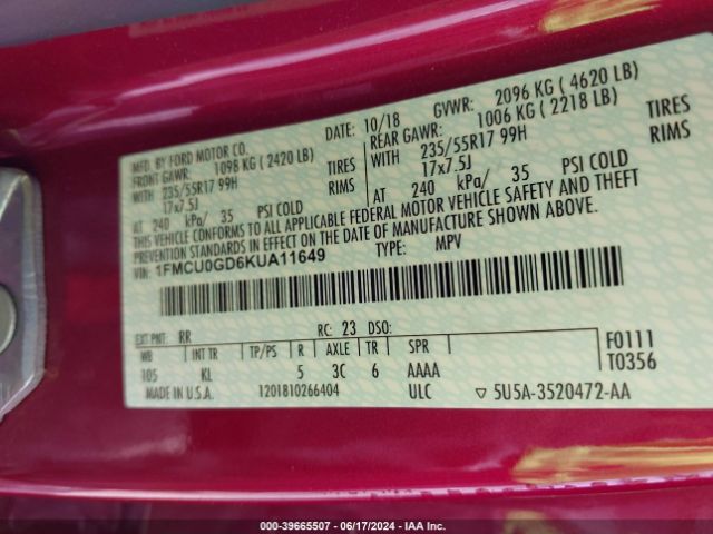 1FMCU0GD6KUA11649 Ford ESCAPE SE