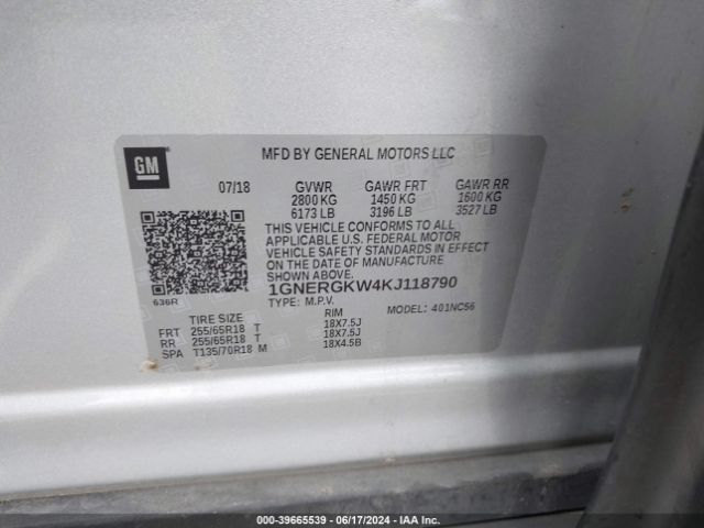 1GNERGKW4KJ118790 Chevrolet Traverse 1lt