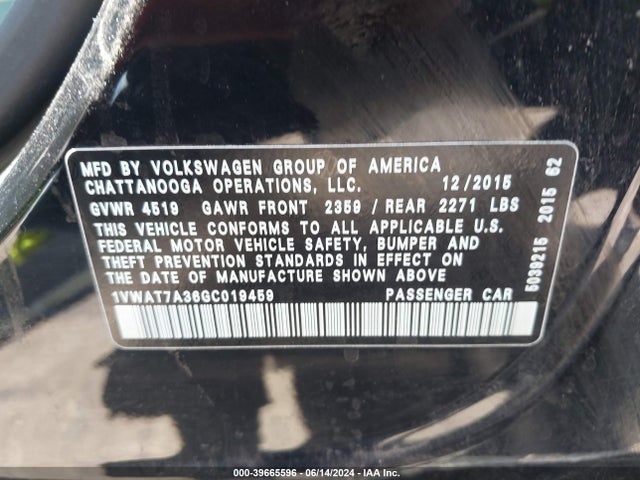 1VWAT7A36GC019459 Volkswagen Passat 1.8t S