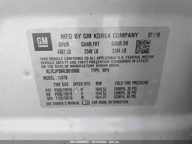 Chevrolet Trax Awd Lt 2020 KL7CJPSB4LB010988 Image 9