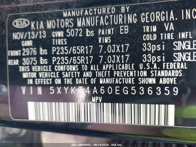 KIA SORENTO LX 2014 5XYKT4A60EG536359 Image 9