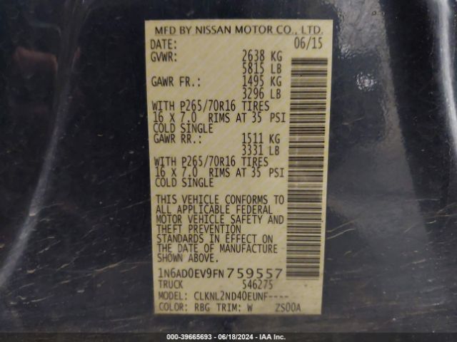 1N6AD0EV9FN759557 Nissan Frontier Sv