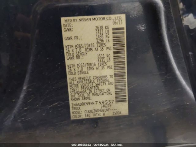 1N6AD0EV9FN759557 Nissan Frontier Sv