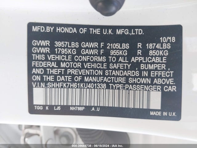 Honda CIVIC EX 2019 SHHFK7H61KU401338 Image 9