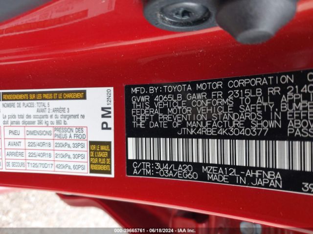 JTNK4RBE4K3040377 Toyota Corolla Xse