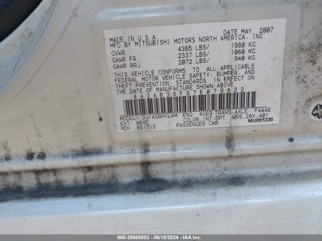 2007 MITSUBISHI GALANT 4A3AB36F97E079822 Photo 8