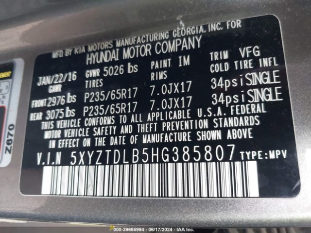 5XYZTDLB5HG385807 Hyundai Santa Fe Sport 2.4l