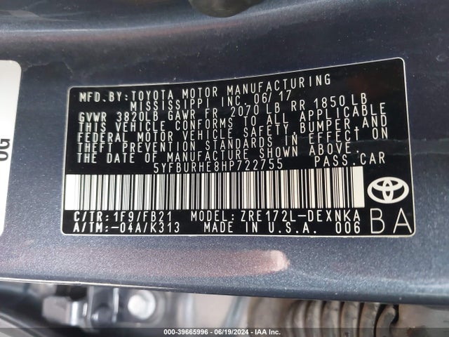 Toyota COROLLA LE 2017 5YFBURHE8HP722755 Image 9