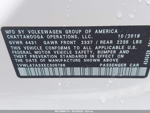 1VWLA7A3XKC005796 Volkswagen Passat 2.0t Wolfsburg Edition