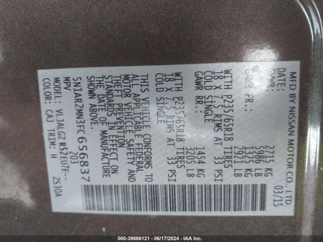5N1AR2MN3FC656837 Nissan Pathfinder Sl