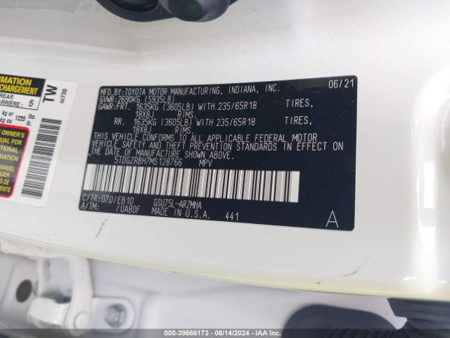 5TDGZRBH7MS128766 Toyota Highlander Xle