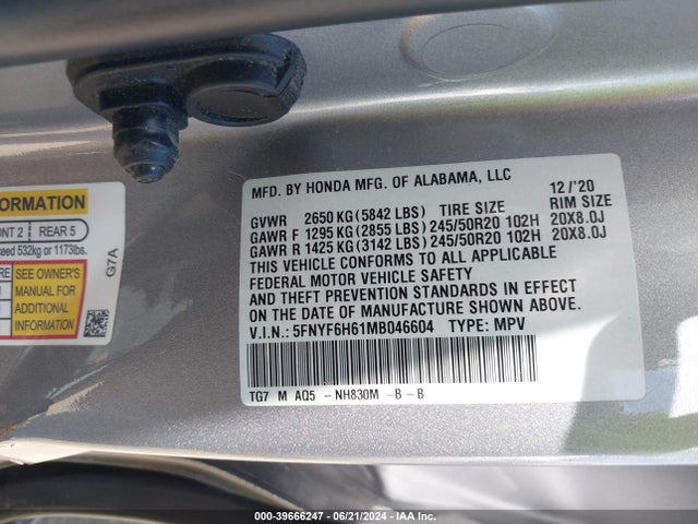 Honda Pilot Awd Touring 7 Passenger 2021 5FNYF6H61MB046604 Image 9