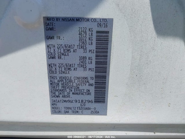 Nissan ROGUE SV 2016 5N1AT2MV9GC918296 Image 9