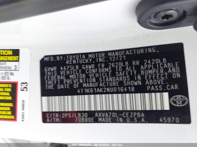 4T1K61AK2NU016418 Toyota CAMRY XSE
