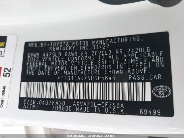 Toyota CAMRY SE 2022 4T1G11AKXNU665646 Image 9